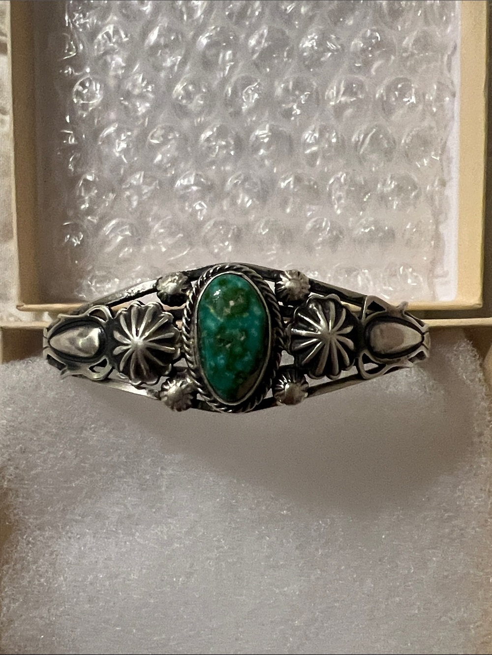 Sterling Silver Cuff Bracelet with Sonoran gold Turquoise Cabochon Platero